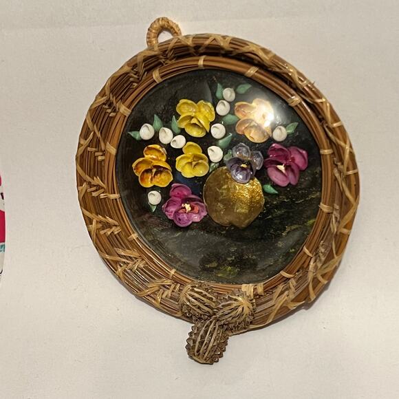 Capiz Shell Wall Decor Round Dome Glass Wicker Rattan 4.5" Boho Coastal Art - Picture 1 of 13